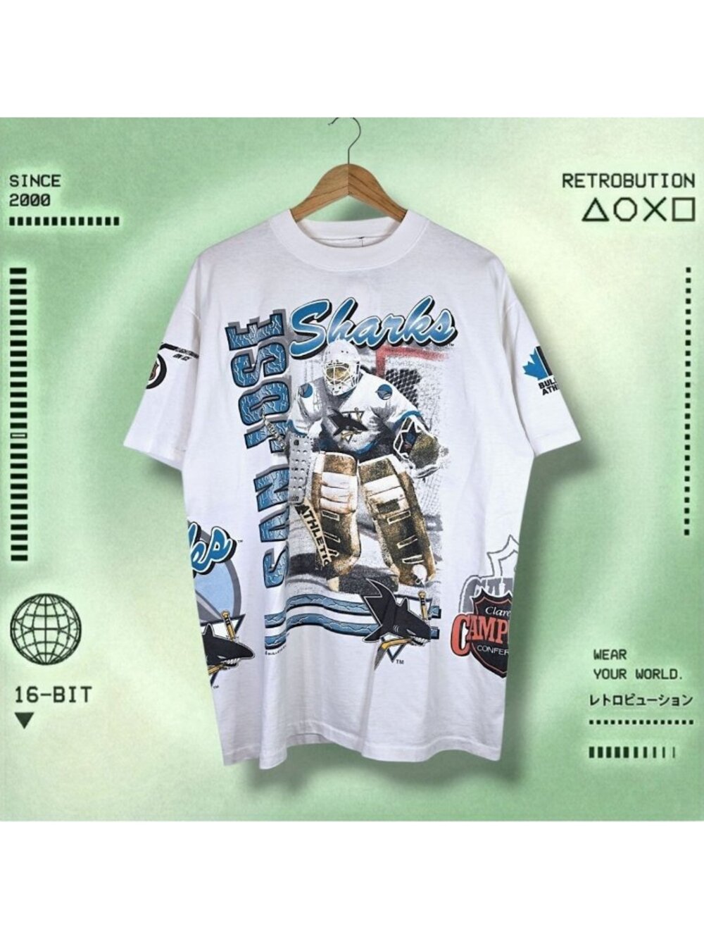 Vintage 1991 San Jose Sharks Bulletin NHL All Over Print Shirt White Size XL